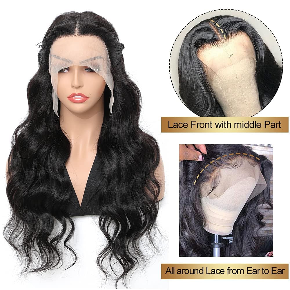 Body Wave Human Hair Wigs for Black Women Lace Front Wigs Human Hair Pre Plucked 180% Density Brazilian Virgin 13x4x1 T Part Lace Wig with Baby hair Natural Black Color(20 Inch)