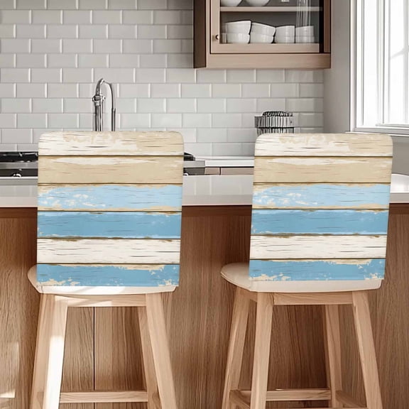 Vintage Chair Covers Set of 4 Farmhouse Blue Beige Wood Grain Country Style Chair Back Covers Stretch Removable Washable Chairs Slipcovers Chair Protector for Dining Room Kitchen Party Decor