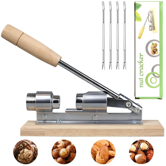 RYLZX Heavy Duty Pecan Nut Cracker Tool with  4 Picks, Wood Handle Base Stainless Steel Nutcracker for Walnuts Pecans Hazelnuts