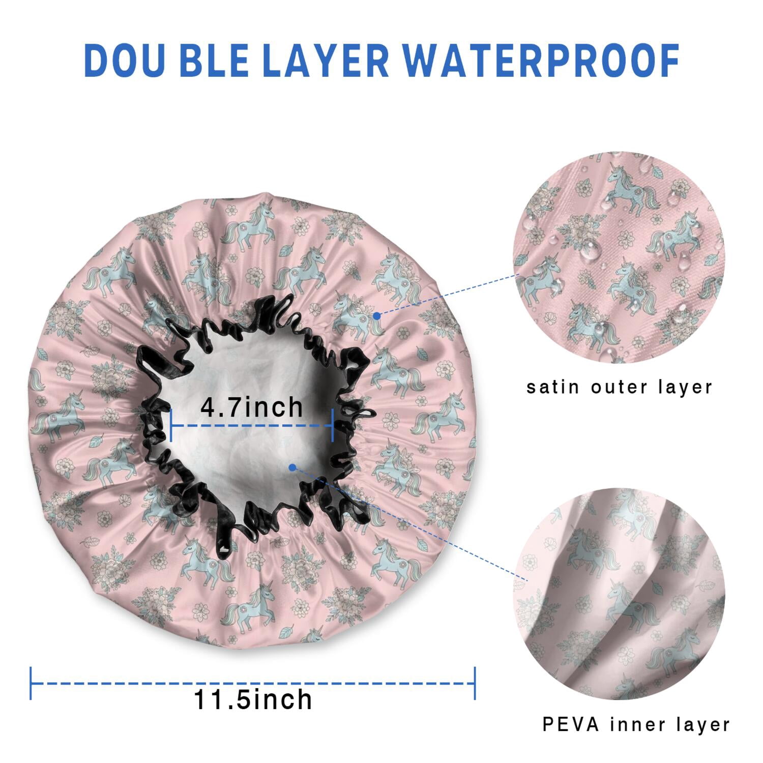 Shower Caps,Pink Cartoon Unicorn Flower Pattern Waterproof Shower Cap for Women 4 Pieces,Double Reusable Hair Cover for Shower PEVA Elastic Stretch Hem