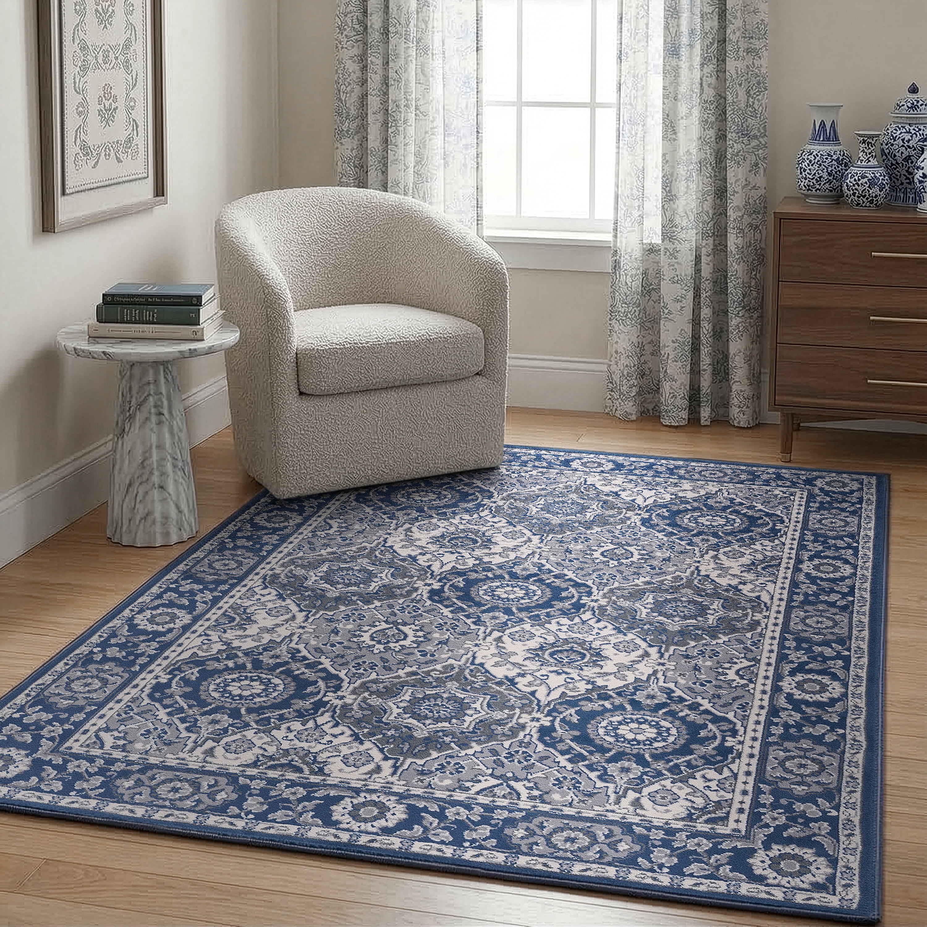 Madison Traditional 5' x 7' Navy and Cream Polypropylene Indoor Area Rug