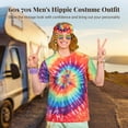 thumbnail image 3 of 60s 70s Men's Hippie Costume Outfit, Colorful Tie-dye Print T-shirt Set with Headband, Sunglasses, Peace Sign Necklace, 3 of 7