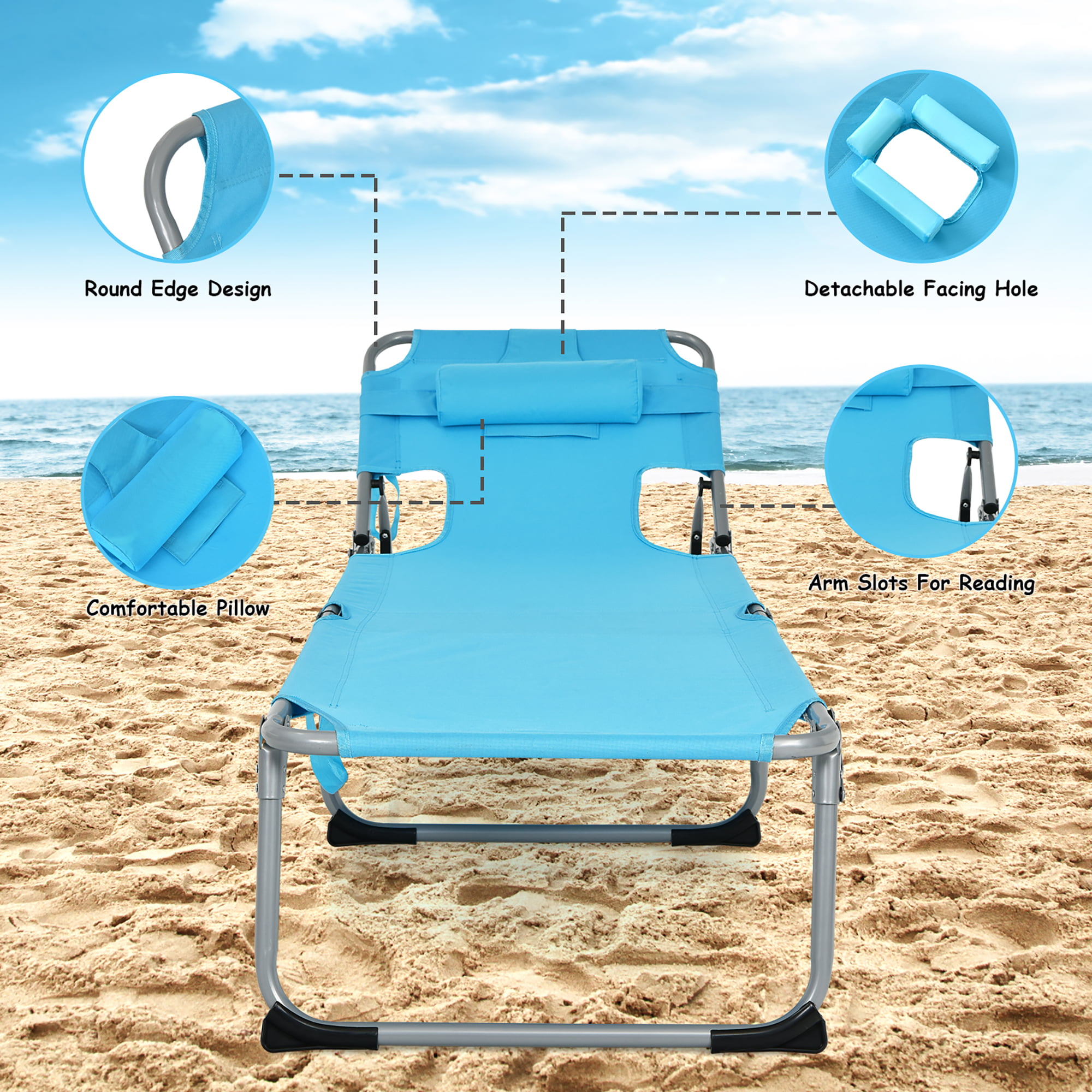 Goplus Outdoor Beach Lounge Chair Folding Chaise Lounge with Pillow Turquoise - image 3 of 8