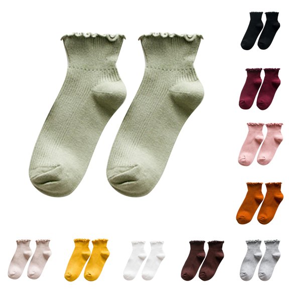 Huowey Womens Ruffles Crew Socks Solid Color Casual Socks Breathable Stretchy Comfort Daily Wear Socks,Green