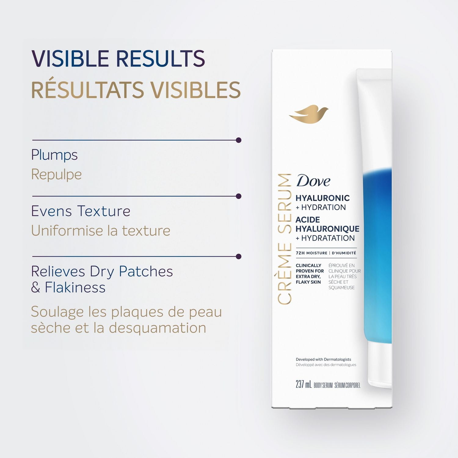 Dove Sérum Corporel Crème Hyaluronique + Hydratation pour Peau Extra S avec Pro-céramides, Niacinamide et Peptides de Collagène, 237mL 237mL