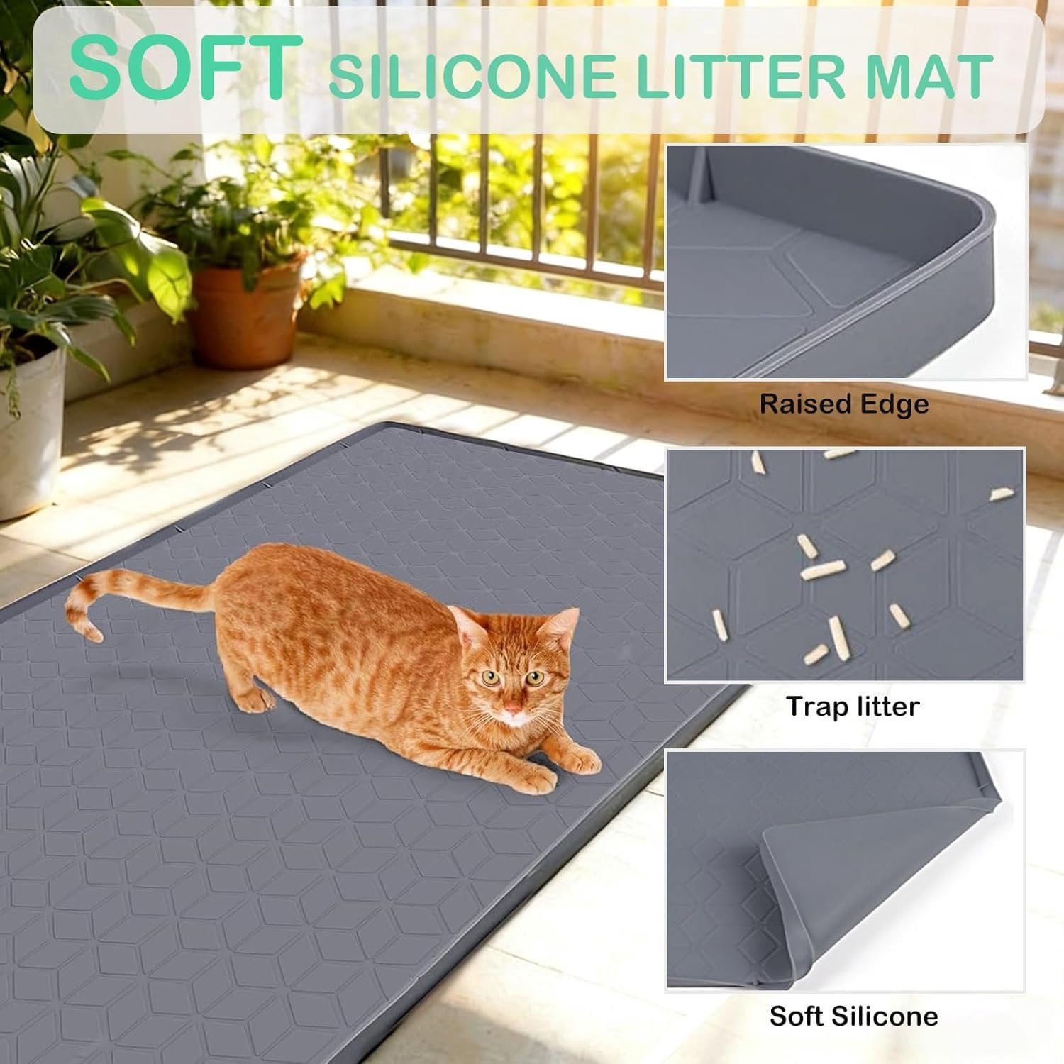 Litter Mat 34x22 Inch, Large  Litter Box Mat for Floor Protection,  & Non-Slip, Soft for  Paws, Easy to Clean, Leak-Proof Edge, Gray