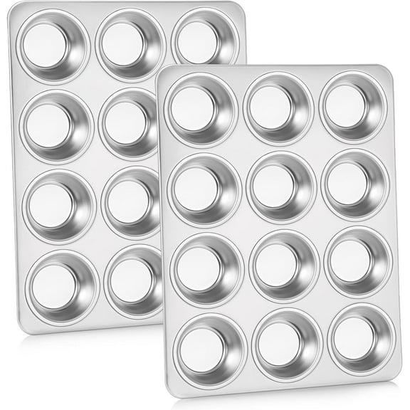 Muffin Pan Cupcake Baking Pan Set, Stainless Steel Muffin Tin Tray for Mini Cake Tart Quiche, Oven & Dishwasher Safe, Non-toxic & Heavy-duty, (12 Cup, 2Pcs)