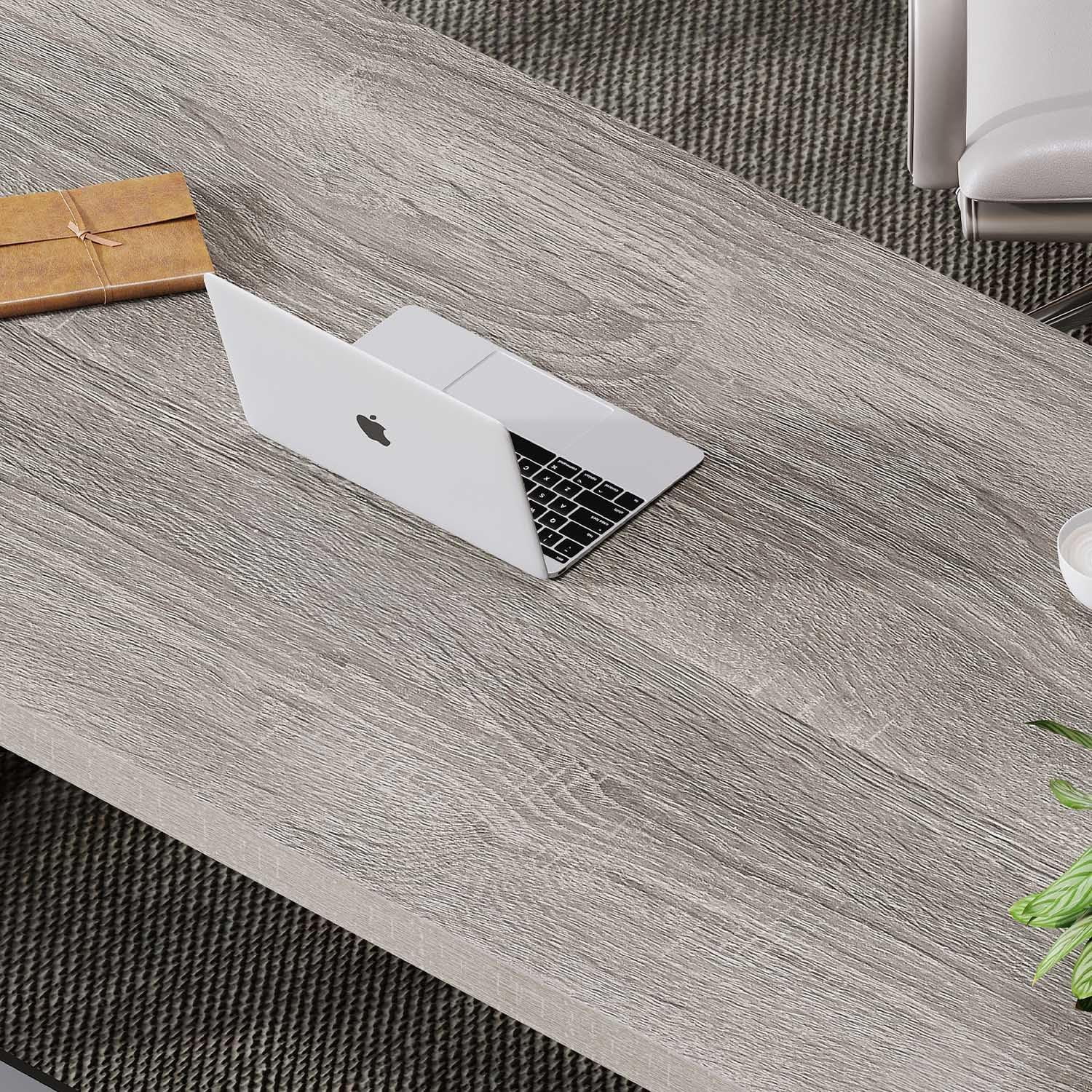 LVB Grey Computer Office Desk,  Wood PC Gaming Gray Desk for Home Office, Modern Wooden Metal Study Work Bedroom Table, Farmhouse Executive Writing Desk with Storage, 55 Inch, Light Grey Oak