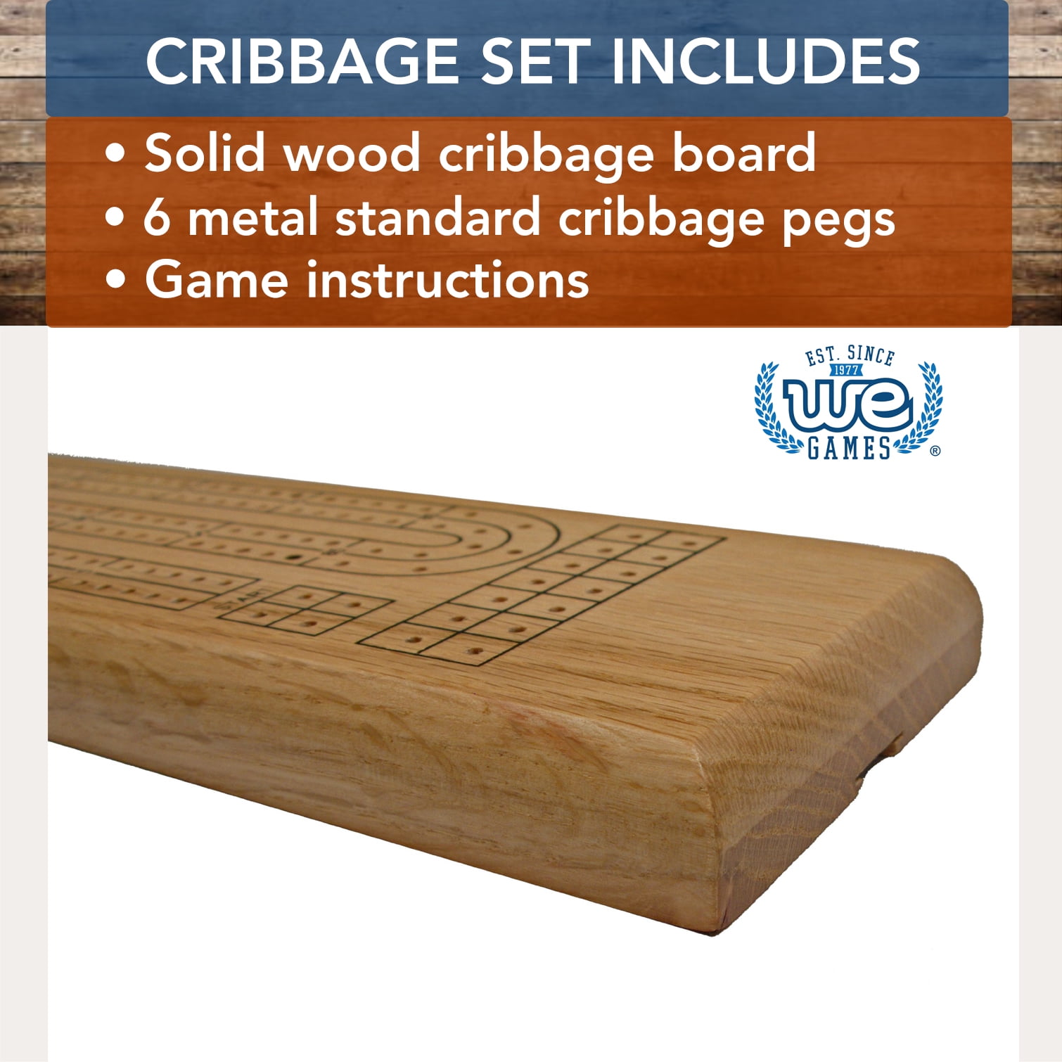 WE Games Classic Cribbage Set - Solid Wood 2 Track Board - Metal Pegs