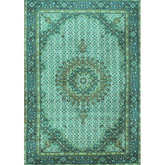 Ahgly Company Machine Washable Indoor Rectangle Medallion Turquoise Blue Traditional Area Rugs, 7' x 10'