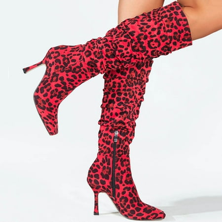 

YOTAMI Womens Boots Women s Shoes Fashion Solid Color Minimalistic Comfortable Leopard Print High Heel Fine Heels Boots Red