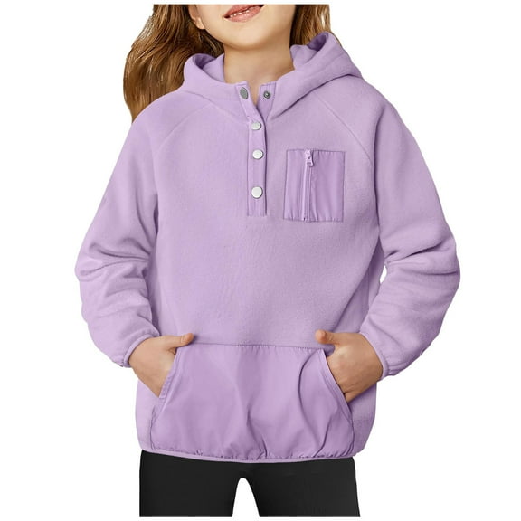 Hooded Sweatshirt Girl Girls Oversized Fuzzy Fleece Hooded with Pockets Kids Color Block Long Sleeve Quarter Button Pullover Sweatshirt Fall Warm Outerwear Tops Purple 7Y
