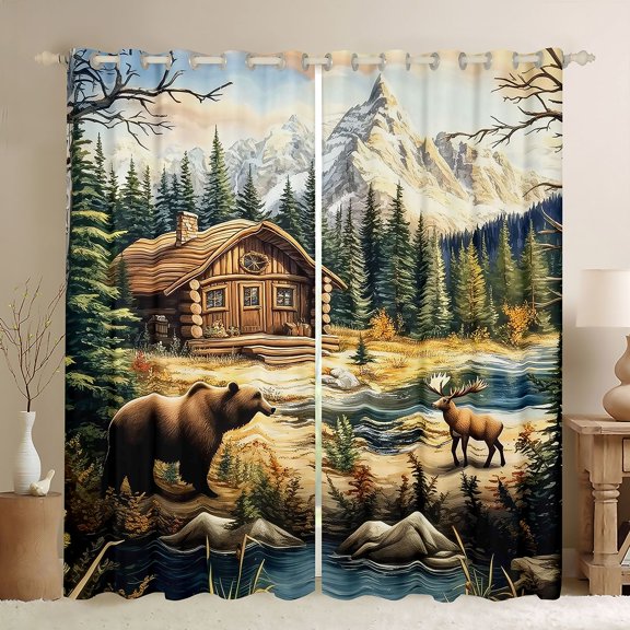 Homewish Jungle Bear Deer Black Out Curtains,Country Farmhouse Lodge Curtains Pack of 2 (42x63 Each),Hello Fall Bedroom Curtains For Teens,Ultra Soft Home Decor