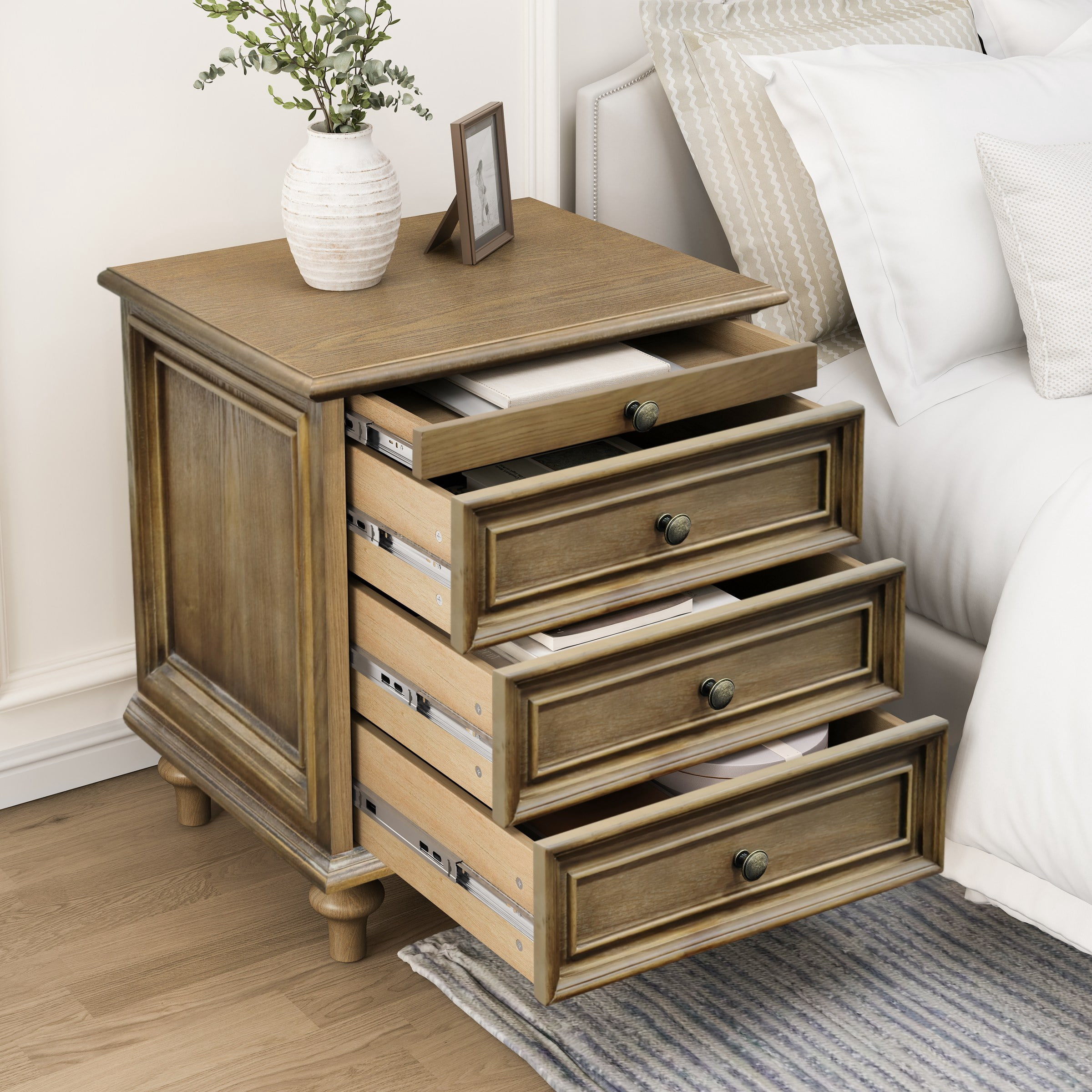 Farmhouse Nightstands with 4 Drawer,Wood Storage End Table with Hidden Pull-Out Shelf, Large Side Table with 4 Solid Wood Feet and Metal Handle