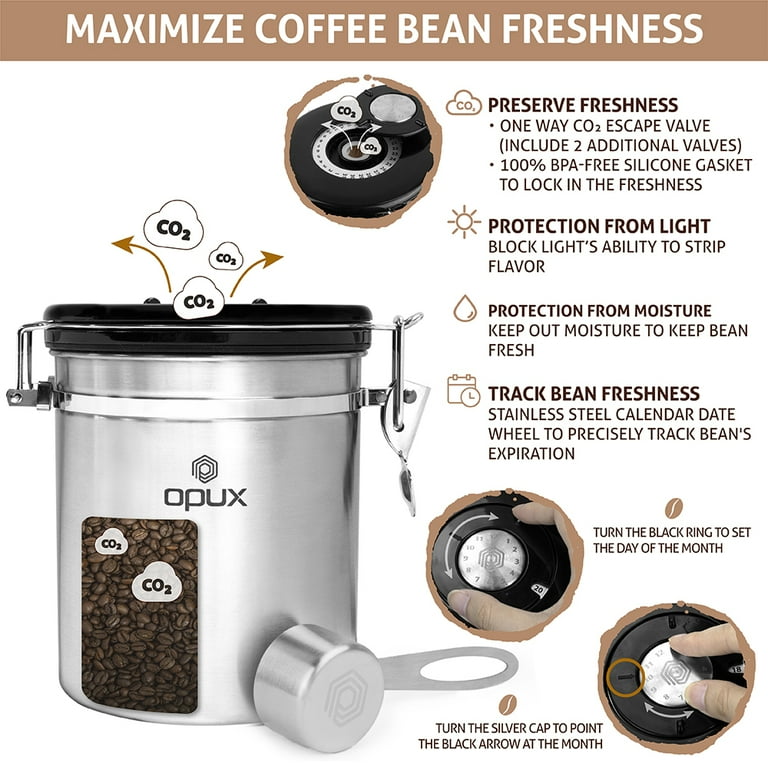 Coffee Gator Stainless Steel Canister - Medium 16oz, Silver Coffee Grounds  and Beans Container with Date-Tracker, CO2-Release Valve, and Measuring