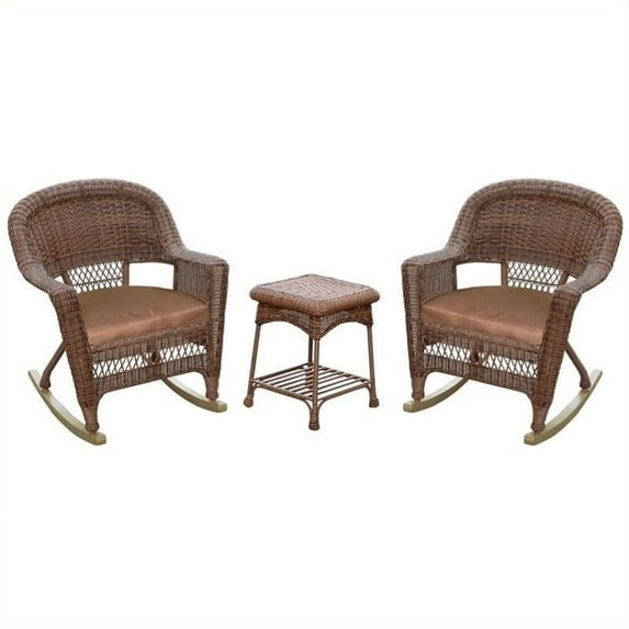 Jeco 3pc Wicker Rocker Chair Set in Honey with Brown Cushion