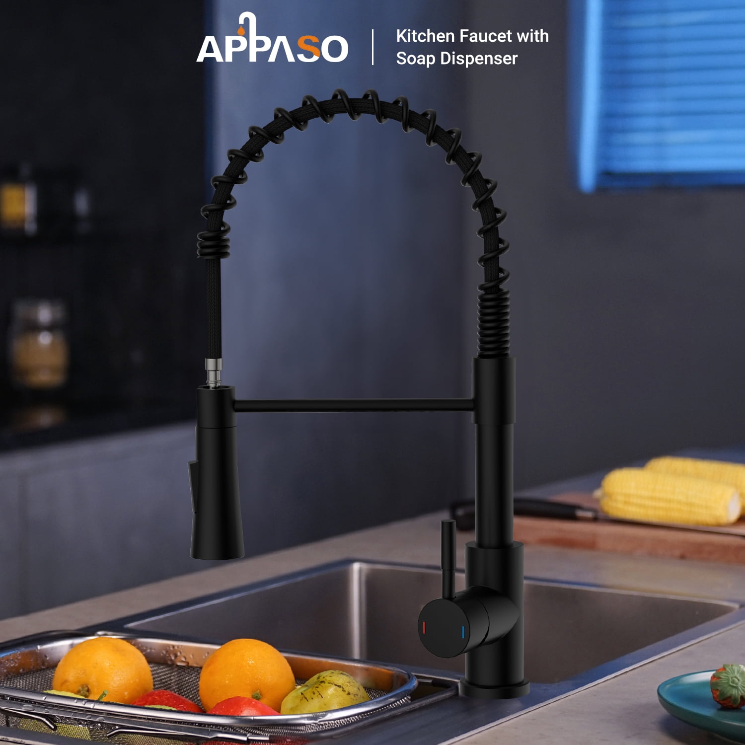 APPASO Black Kitchen Faucet with Soap Dispenser and Pull Down Sprayer, SUS304 Stainless Steel Commercial Single-Handle Spring Faucet for Kitchen Sink, Matte Black