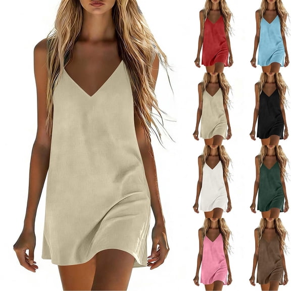BiZtdJrK Cami Dresses for Women Spaghetti Strap Sleeveless V Neck Linen Sundresses Loose Fit Summer Beach Midi Dress Brown S