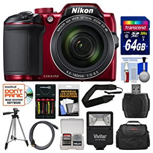 nikon coolpix b500 wi-fi digital camera (red) with 64gb card + case + flash + batteries & charger + tripod + strap + (Nikon Coolpix S9300 Best Price)