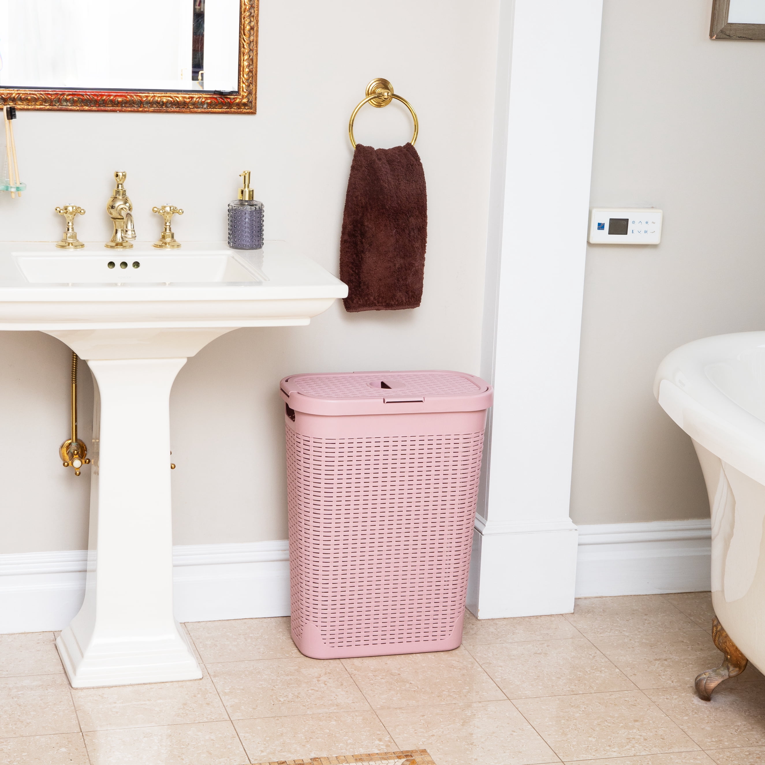 Mind Reader 40L Slim Laundry Hamper, Clothes Basket, Lid, Wicker Design, Plastic, 18"L x 10.4"W x 23.5"H, Pink
