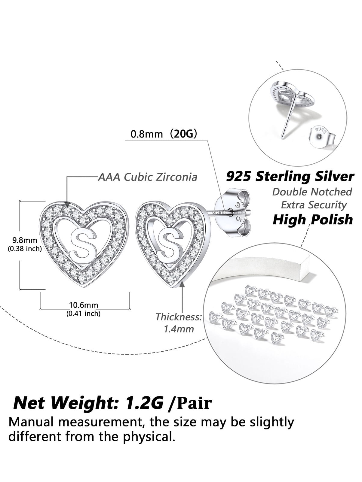Silvora Women Cubic Zirconia Heart Earrings with Letter S, Tiny Initial Stud Earrings Hypoallergenic Jewelry for Sensitive Ears
