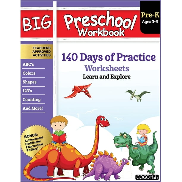 big preschool workbook ages 2 5 140 worksheets of prek learning activities fun homeschool curriculum help pre k kids math counting alphabet colors size shape 2 4 dinosaur kindergarten prep paperback walmart com