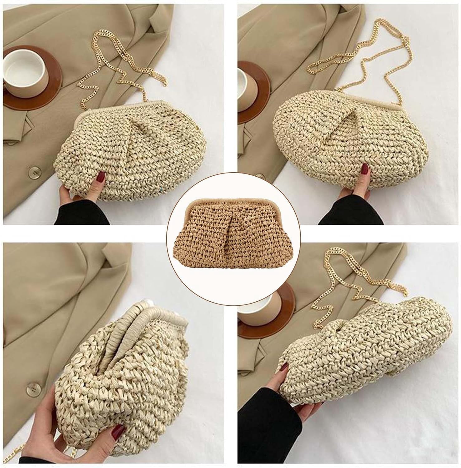 Straw Clutch Purse for Women Cloud Dumpling Pouch Beach Crossbody Shoulder Bag Summer Beach Clutch Woven Handbag