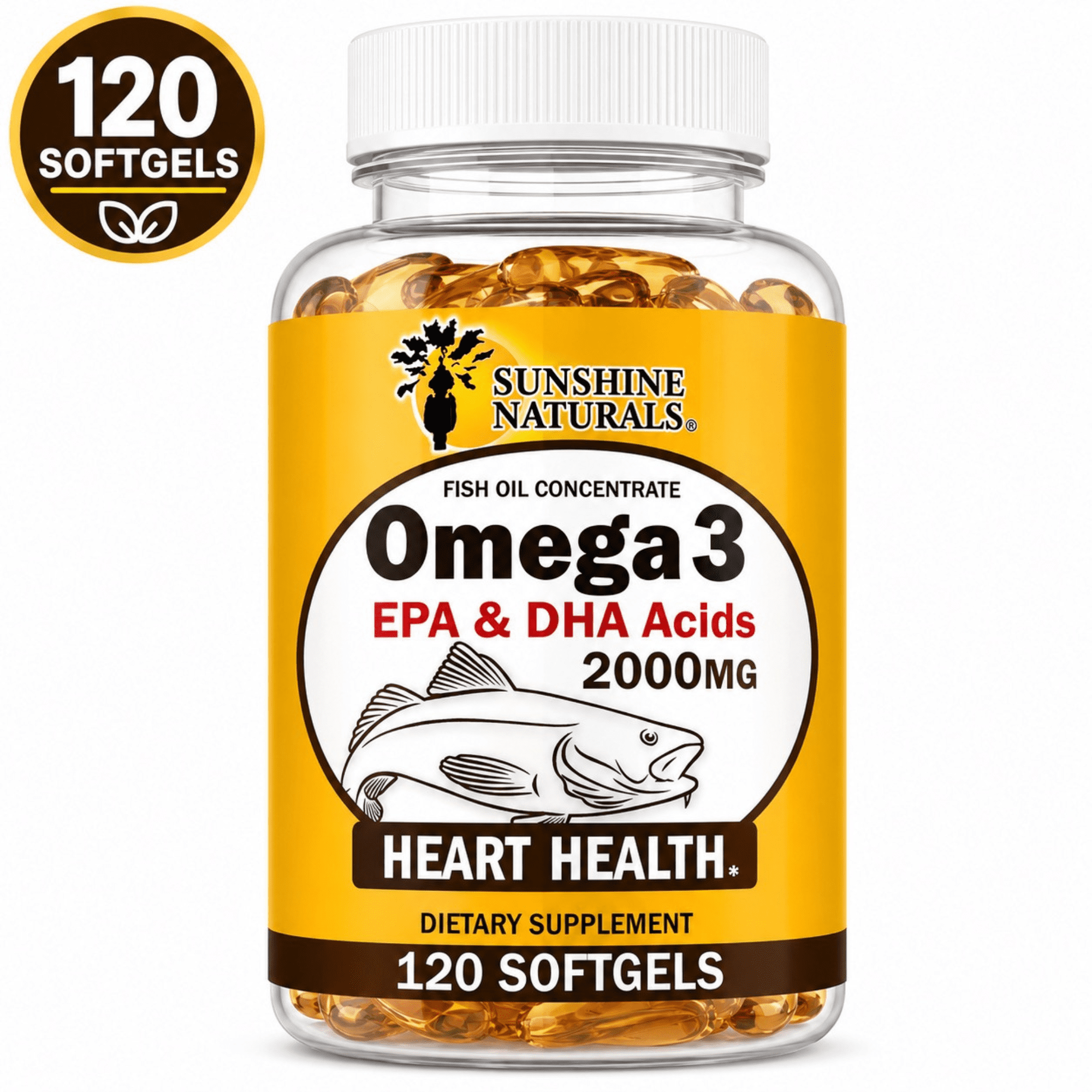 Sunshine Naturals Omega-3 Fish Oil Softgels, Heart & Brain Health Support, Dietary Supplement, 120 Softgels