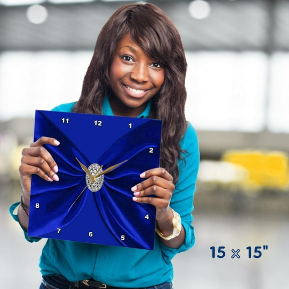 3dRose, Royal Blue Velvet Look Sash with Round Diamond Jewel Look , 15x15 Wall Clock