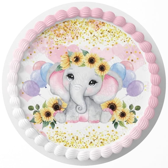Baby Elephant Girl Pink Edible Image Icing Cake Topper for Quarter Sheet Cake, by Tnct.