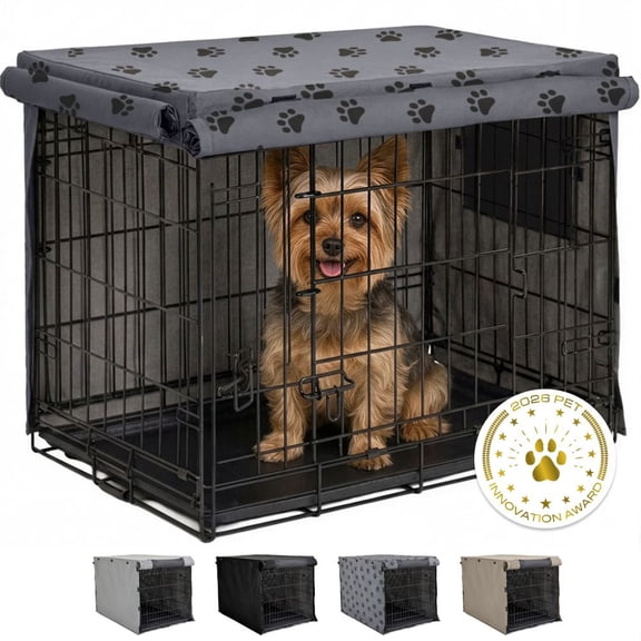 GORILLA GRIP Dog Crate Cover, Fits 24" Indoor Kennel Cage, Breathable Mesh Windows, Gray Paw