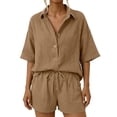 thumbnail image 3 of MAIHAN Linen Sets for Women 2 Piece 2026 Summer Vacation V Neck Short Sleeve Beach Outfits Oversized Button Casual Suits(Khaki,XL), 3 of 8