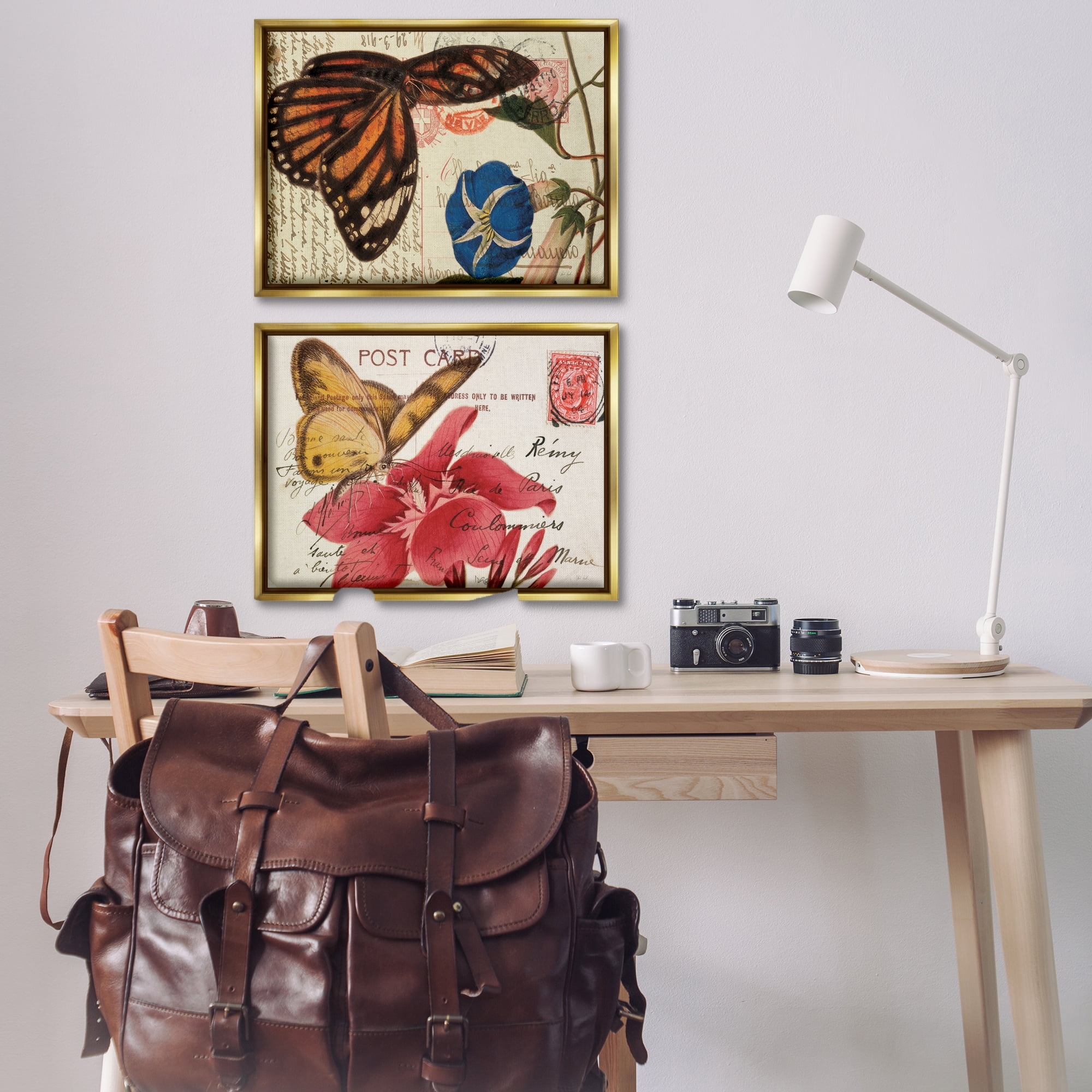 Stupell Industries Butterfly Accented Postcards Insects Painting Gold Floater Framed Canvas Art Print Wall Art, 31 x 21, Set of 2