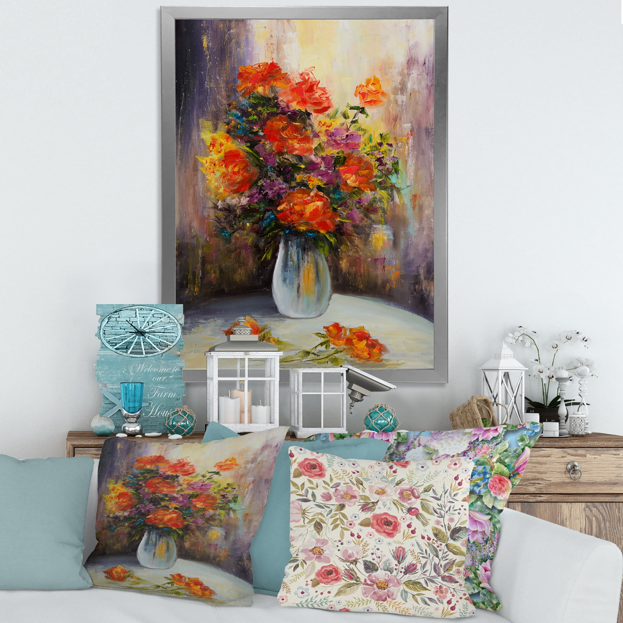 Designart 'Still Life Bouquet With Yellow and Red Flowers' Traditional Framed Art Print