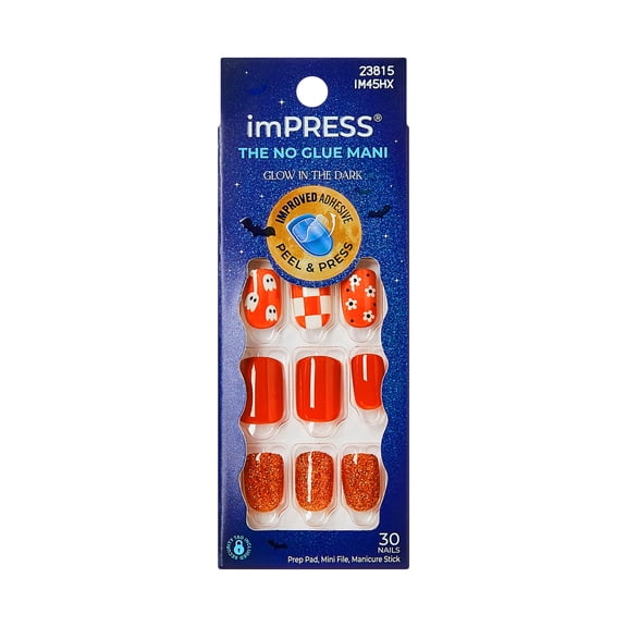 Kiss Impress Press On Nails Short, Halloween, ‘Fangs Out’, Orange, Squoval, 30 Count
