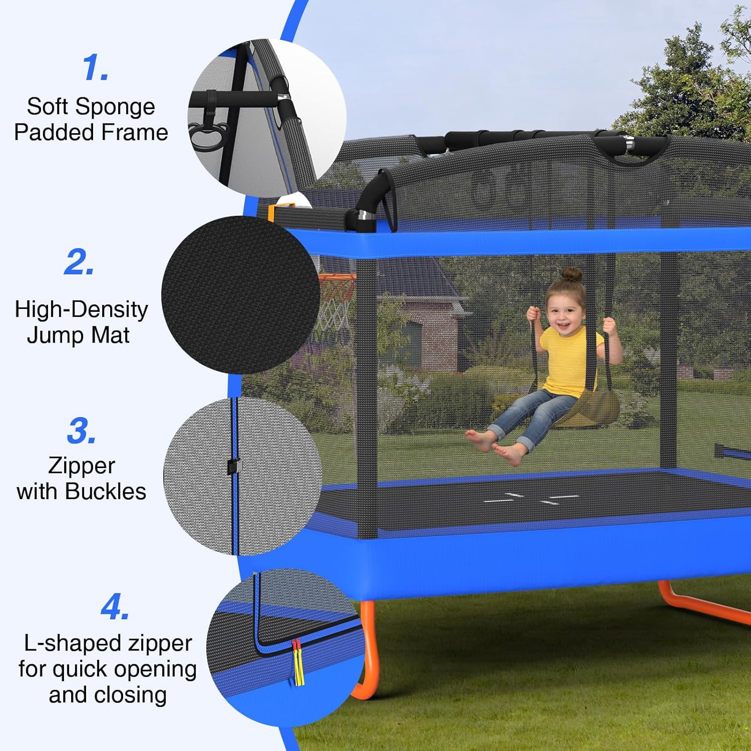 6FT Rectangle Toddler Trampoline by LANGXUN, 5-in-1 Kids Mini Trampoline Featuring Safety Enclosure Net for Indoor & Outdoor Use