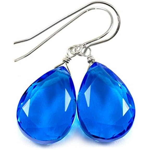 Sterling Silver Neon Blue Simulated Apatite Earrings Faceted Teardrops Simple Casual Pear Drops 1.4" Designed for Adult Women