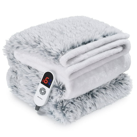 MaxKare Heated Blanket 50" x 60" with 6 Heating Levels & 4 Hours Timer, Electric Throw Blanket Plush Faux Fur & Velvet, Gray & White