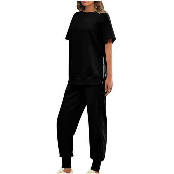 Scyoekwg Womens Sets 2 Piece Outfits Solid Color Loose Casual Short Sleeve Round-Neck Side Zipper Blouses Long Pants High Waisted Sweatpants Sets (Black,L)