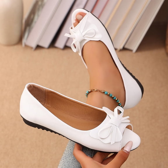 Xdegoge Womens Shoes Open Toe Ballet Flats Bow Knot Decor Peep Toe Slip On Summer Casual Walking Dressy Wedding Party Lightweight Breathable Elegant Ladies Footwear