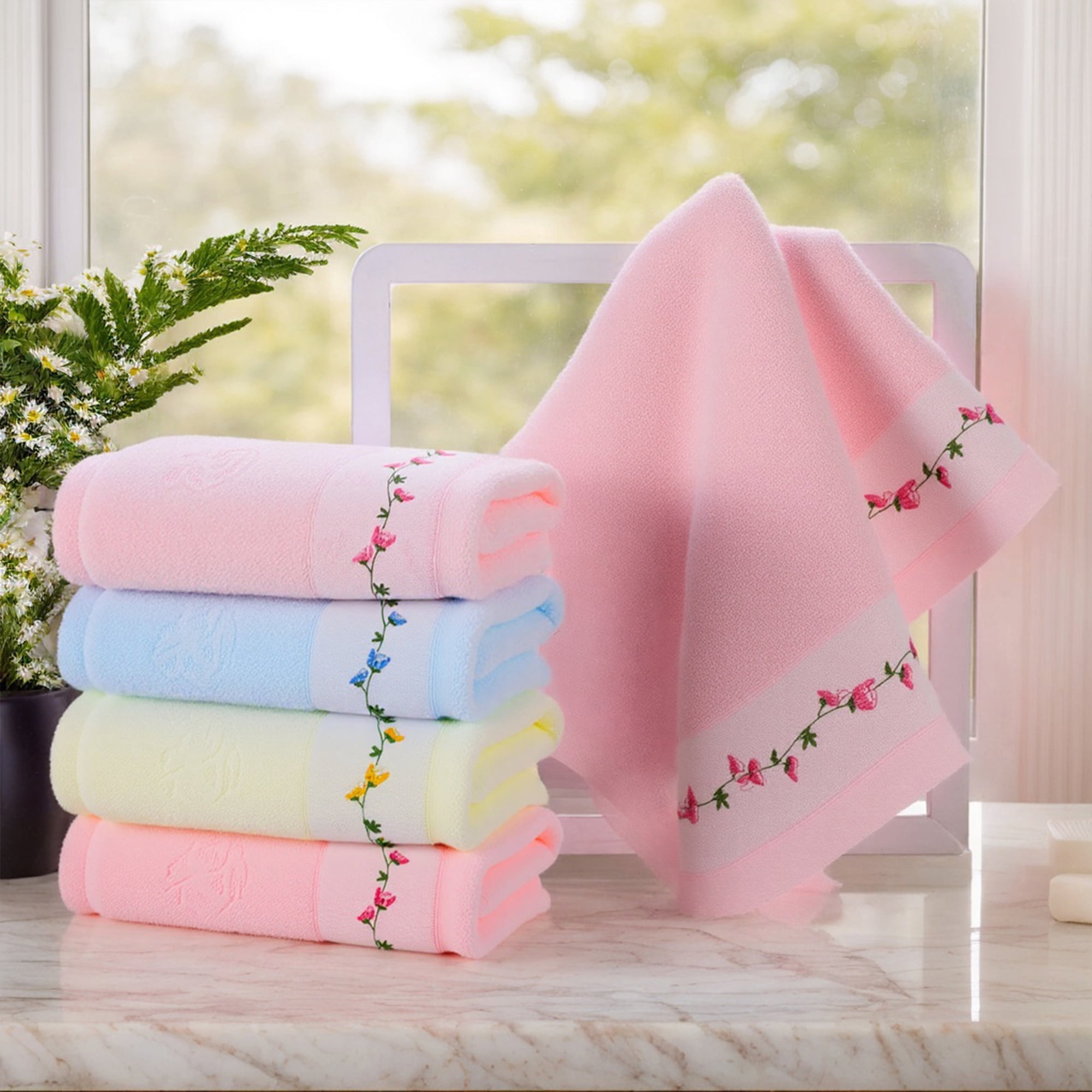 Unique Bargains 4 Pcs Soft Embroidered Hand Towels 13" x 29" Pink/Grey