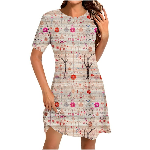 Vestido Corto para las Mujeres Cuello Redondo Manga Corta Impresa Suéter, Moda Casual Estilo Línea