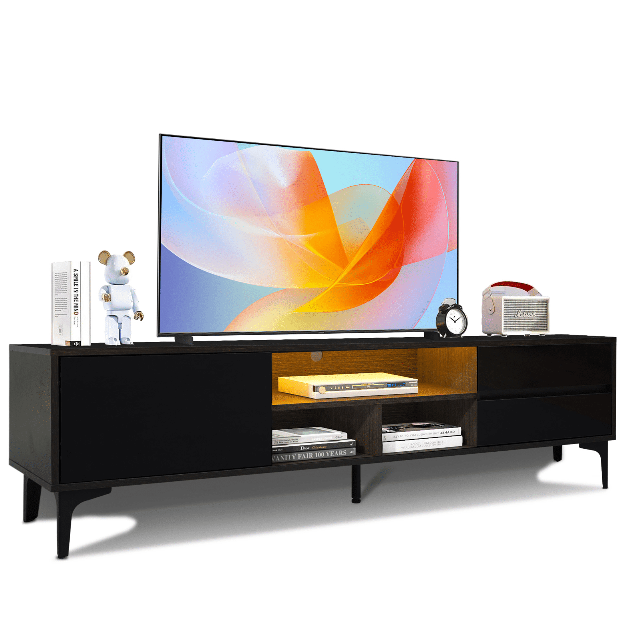 PORKISS 63" High Gloss LED TV Stand for TVs up to 70", Modern Low Profile TV Entertainment Center with RGB Lights, Remote/App Control, Storage Drawers and Open Shelves, Black