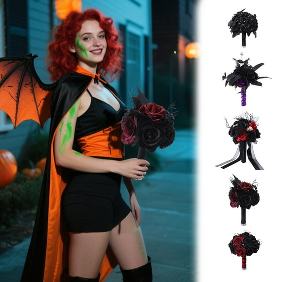 Ramo de Flores de Calavera Gótica para Decoración de Halloween - Arreglo floral oscuro con flores de tela negras y rojas para el Día de los Muertos, decoración para el hogar y temas nupciales góticos