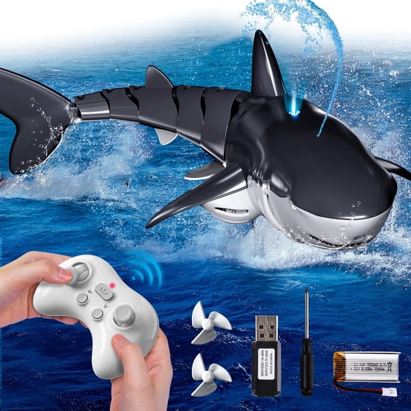 Funtogether Toys 1:18 Scale RC Shark Toy, 2.4GHz Remote Control Water Toy with Water Spray & LED Light, Waterproof Pool Boat for Kids, Boys and Girls