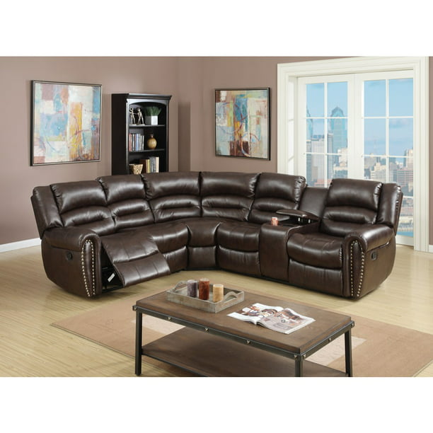 Bonded Leather 3 Piece Reclining Sectional, Brown - Walmart.com ...