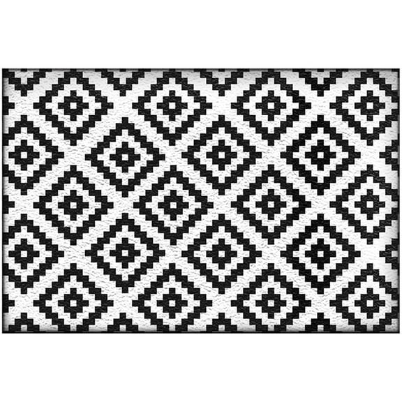 SHEIGUANNI Waterproof Outdoor Rug, Outdoor Plastic Straw Rug for Camping, RV Mat Outside, Indoor Outdoor Carpet for Porch, Deck, Backyard, Balcony, Picnic, Black & White,19.6x31.4Inch