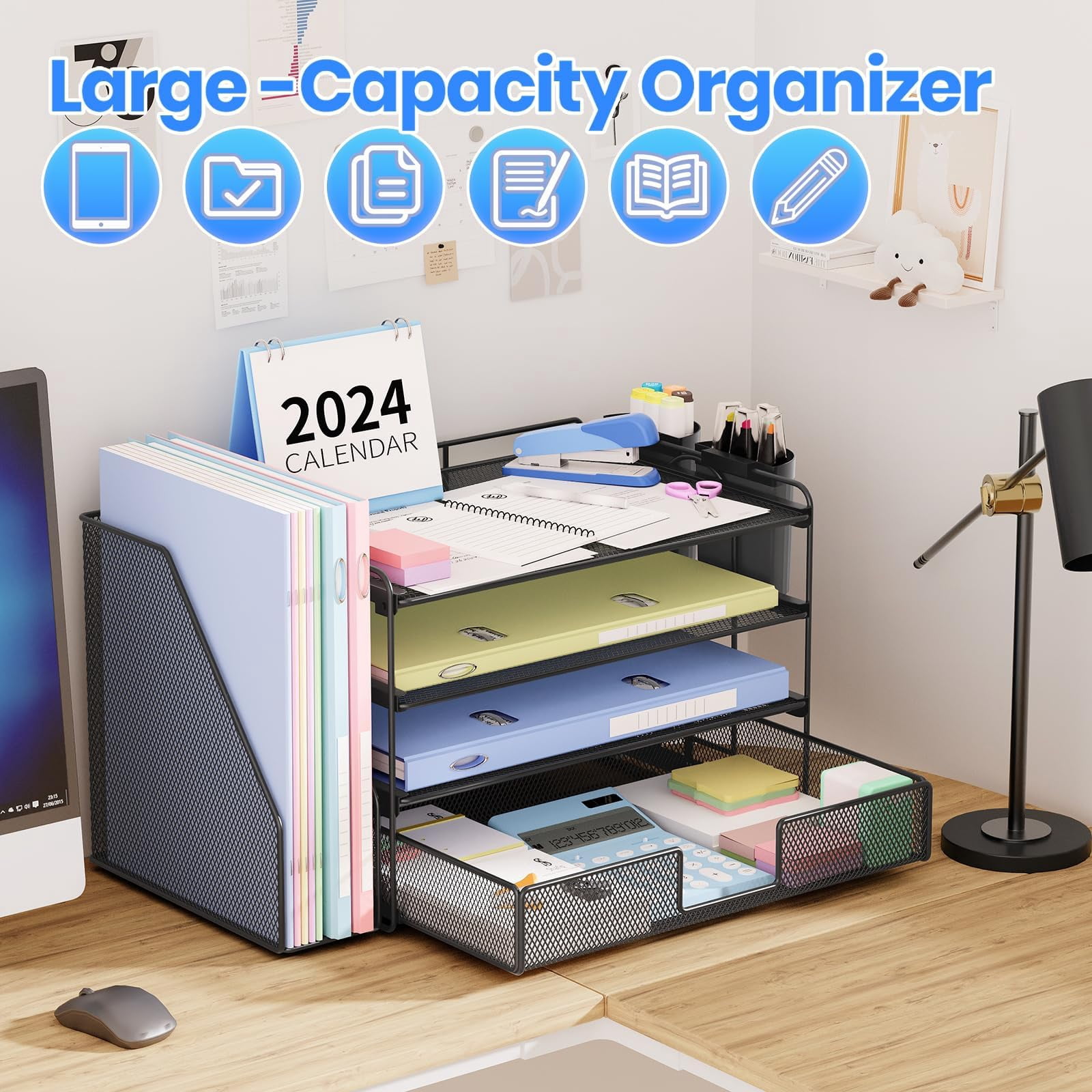 Desk Organizer  4-tier Desktop File With Drawer And 2 Pen Holders Office Accessories Sorters Workspace Organizers For Supplies(black-2pack)