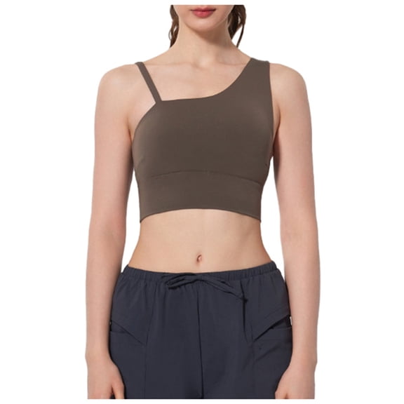 Wdgfv Women's High Sports Bra Secure Support Yoga Top With Removable Pads Fashion Asymmetric Shoulder Design For Coffee XL