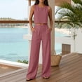 thumbnail image 2 of Linen Look Two Piece Set for Women, Sleeveless Crop Top & Wide Leg Pants with Pockets - Summer Casual Lounge Outfit Pink XL, 2 of 7